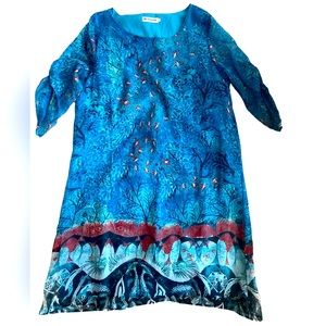 Dress Lightweight Flowing Lined Blue Floral, Fish and Tree design L